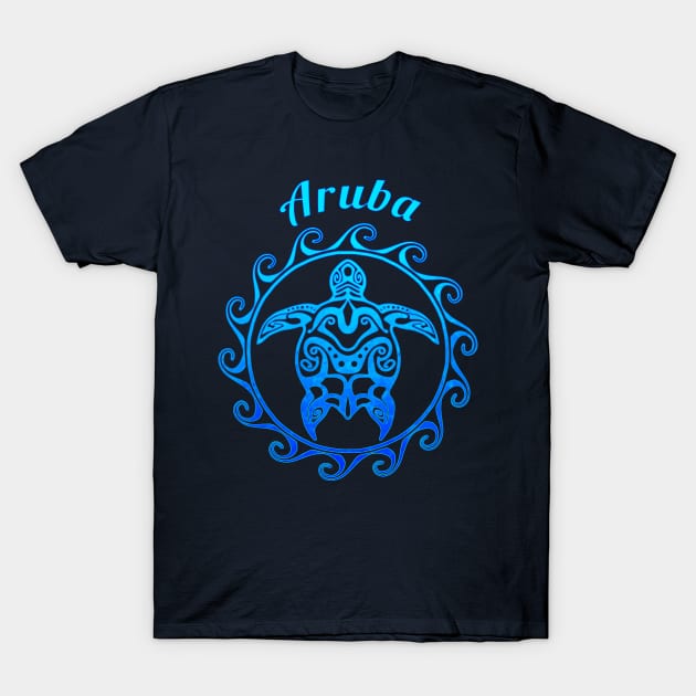 Ocean Blue Tribal Turtle Aruba T-Shirt by macdonaldcreativestudios